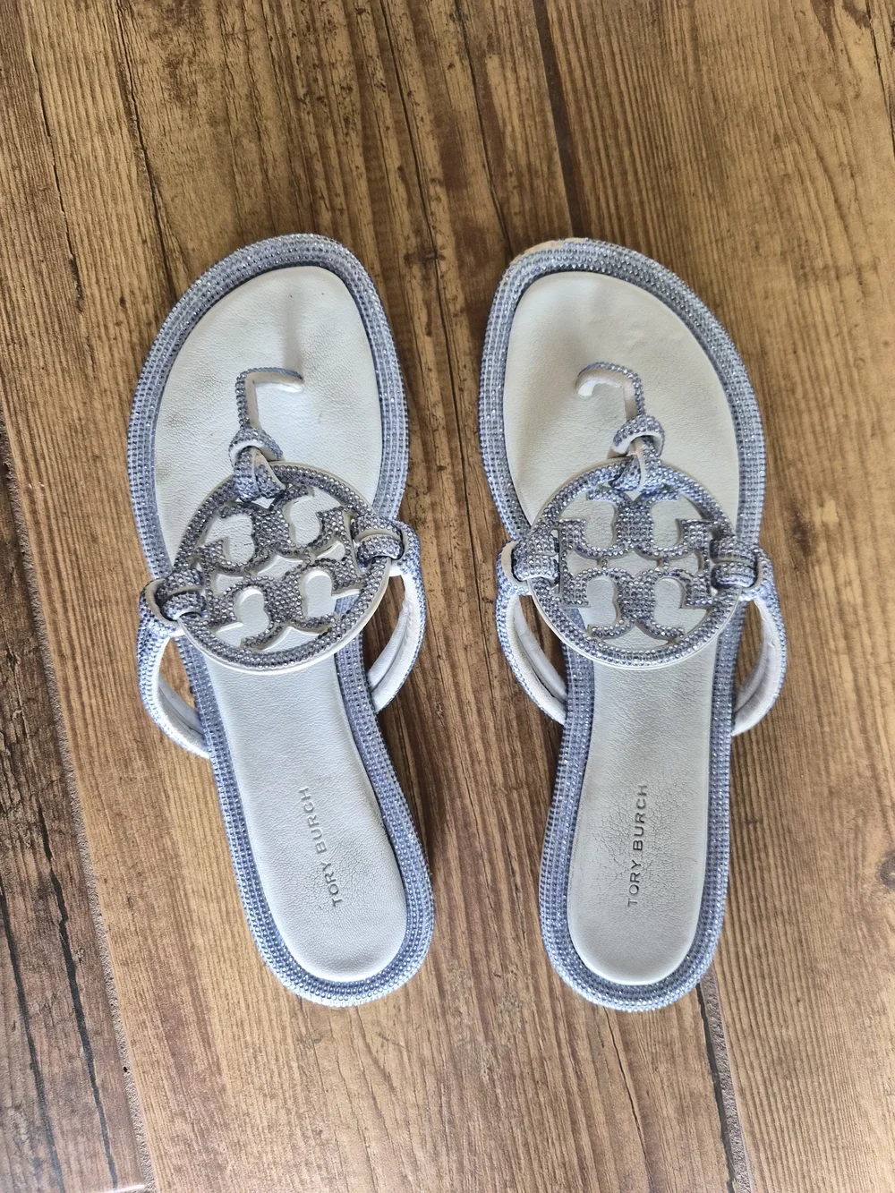 Tory Burch Miller Pavé Summit Pale Blue Braided Logo Knot Thong Sandals